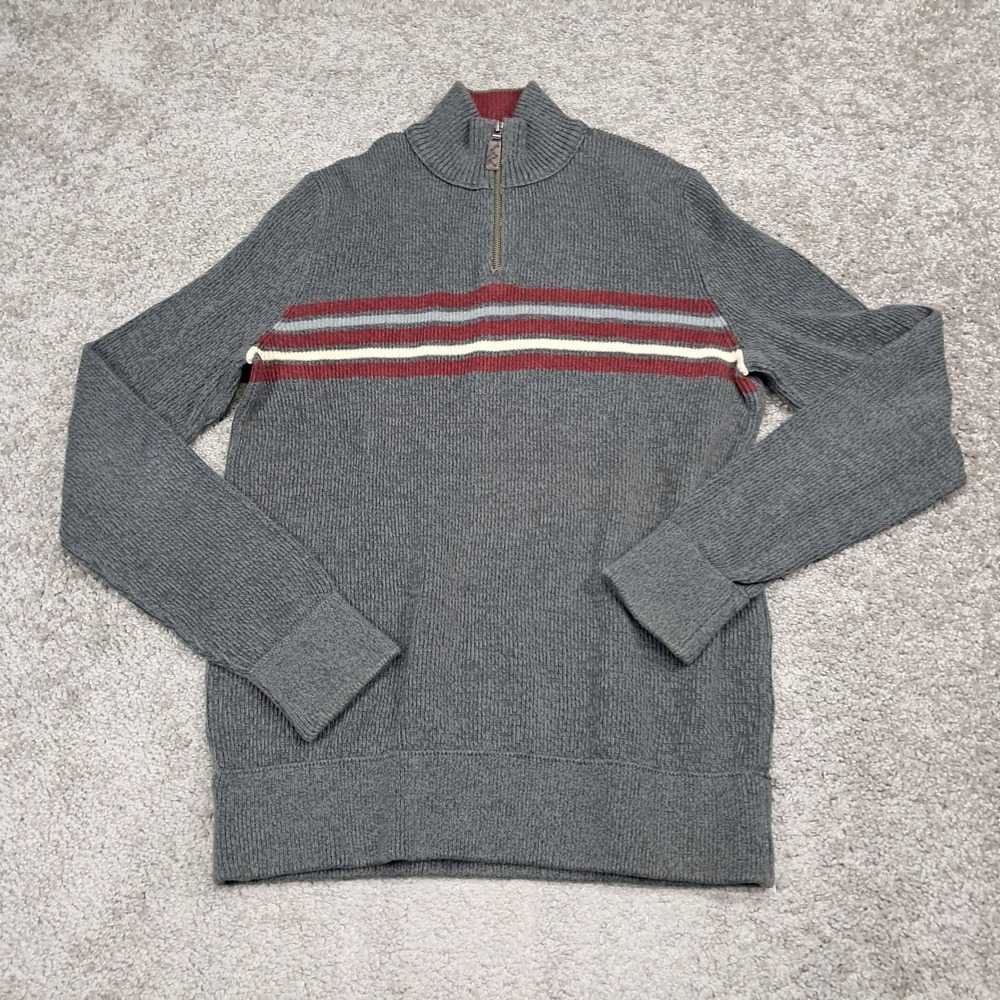 Eddie Bauer‎ Mens Quarter Zip Sweater Gray Striped Cotton Tall Large TL